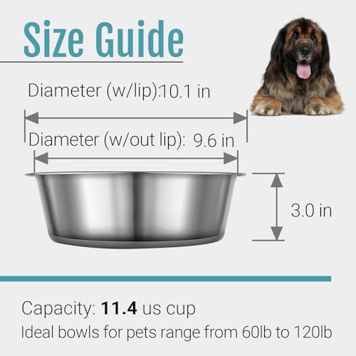 Nonslip Stainless Steel Dog Bowls, 11.4 US Cup, 2 Count | No slide silicone bottom, Dishwasher safe, Easy to clean, Stackable design - size: 11.4 Cup