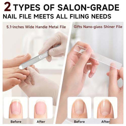 3Pcs Ergonomic Long Handle Toenail Clippers for Seniors for Thick Nail | 4.75in Angled Head Wide Jaw Opening Nail Clippers with Meta and Glass Nail File for Men Women, Fingernail Cutter with Catcher