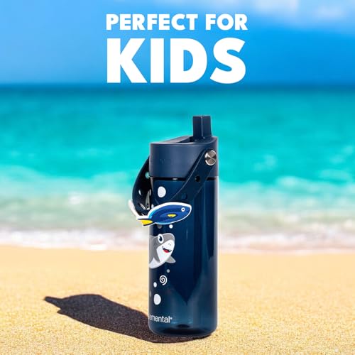 Elemental Water Bottles for Kids - Splash Kids Water Bottle for School with Fun Charm Handle - BPA Free Tritan Plastic Bottle with Straw Leak Proof When Spout is Closed - 18oz - Shark Friends - color: Shark Friends