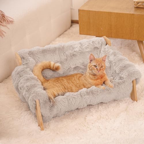Elevated Cat Couch Bed Wooden Raised Kitty Sofa Lounge Chair | Washable Fluffy Cover Wooden Elevated Pet Furniture for Indoor Cats and Puppy(Gray) - color: Cat Sofa-Khaki(Light Gray)