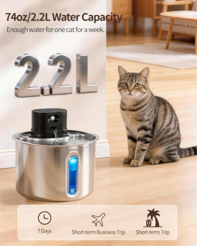Cordless Stainless Steel Cat Water Fountain Battery Operated Pet Fountain | 74oz/2.2L Wireless Pet Water Fountain for cats indoor- Quiet Automatic Cat Fountain with 5000mAh Battery -Easy to clean