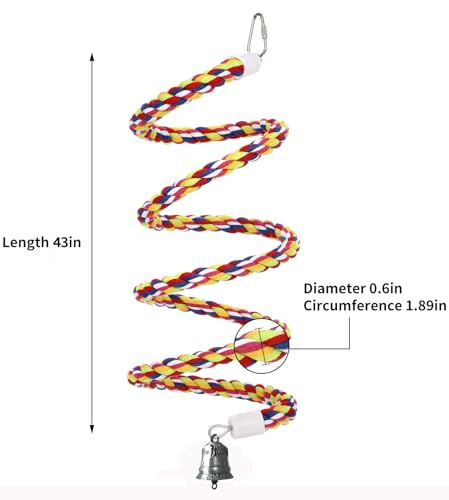 2Pcs 43'' Bird Rope Perches Birdcage Swing Toys 100% Cotton Natural Bird Perch Peck/Chewing with Vintage Bell Climbing Standing Bungee Parrot Toys for Small to Regular Size Parrot Cockatiel Birds - size: 43'x2pcs