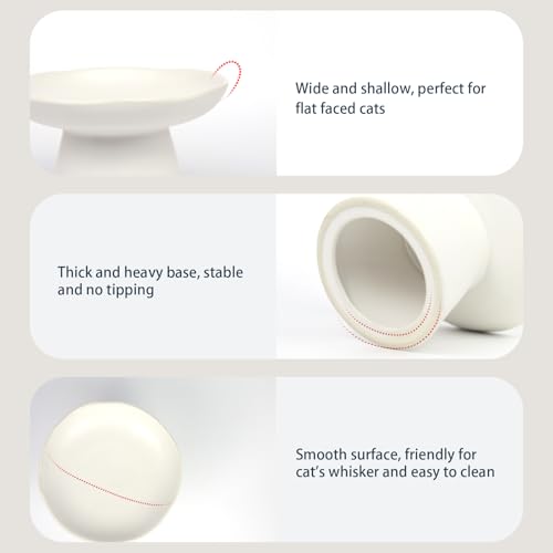Extra Wide 6.1" Raised Cat Food Bowl, Shallow Ceramic Elevated Cat Feeder, Anti Vomiting, Stress Free, Whisker Fatigue, Pet Food or Water Bowl, White - color: White-Shallow