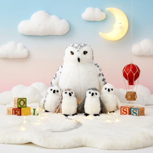 Hollowfly 5 Pcs Snowy Owls Plush Toy Gift Set 12.6" Mom Owls with 4 Cute Babies Stuffed Animal in Zippered Back Nurturing Plushes Toy Set for Kid Adults Birthday Party Favors Gifts - style: Snowy Owls