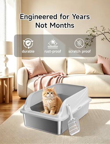 2PACK Stainless Steel Litter Boxes with Lid, Large Metal Pan Include Scoop | Odor Free Litter Pan Include Scoop Easy Cleaning Anti-Scratch Kitty Cat Box Anti-Urine Leakage, Non-Sticky - color: Grey 2PACK XL