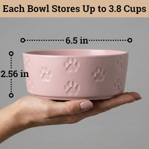 Ceramic Dog Bowl Set of 2 w/ Anti-Skid Base 6.5"W x 2.5"H, 3.8 Cup Capacity | Thick Ceramic, Dishwasher Safe, Anti-Skid Rubber Base, 3.8 Cups per Bowl, Ceramic Food & Water Bowls Set of 2 for Medium Dogs - color: Blush Pink, size: Medium