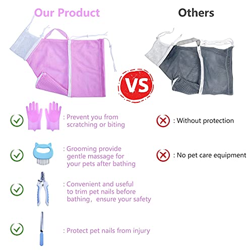 KlerRoem Cat Bathing Bag, Adjustable Anti-bite and Anti-Scratch Cat Shower Mesh Grooming Bag for Pet Dogs and Cats, Includes Pet Nail Clipper, Nail File, Grooming Glove, and Cat Shell Comb - color: Pink Set