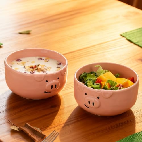 Pig Shaped Ceramic Bowl Set, Pink, 2-Piece | 40 oz Capacity, 6.4 Inch Size, Ramen, Soup, Salad, Cereal and Pasta - size: 40 oz