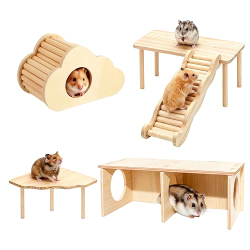 5 Pcs Wooden Hamster Toy Set, Cloud House, Peep Tunnel, Ladder & Small Tables Cage Accessories Climbing Toys for Dwarf Hamsters, Mice & Gerbils