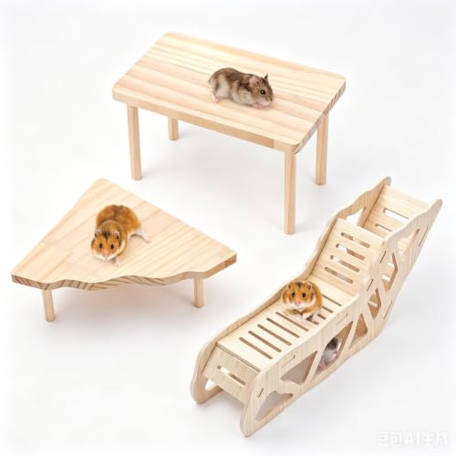 3-Piece Hamster Wooden Platform Play Set with Ladder Tunnel, Natural Wood Hamster Cage Accessories, Small Animal Climbing Stand Hideout for Dwarf Syrian Hamsters Gerbils Mice Rats
