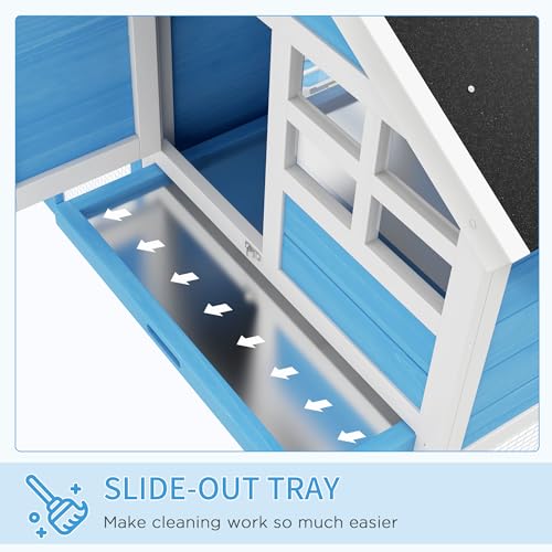 PawHut 49" Wooden Rabbit Hutch Bunny Cage with Fun Outdoor Run Light Blue | Waterproof Asphalt Roof, Removable Tray and Ramp, for Rabbits, Chickens, Ducks - color: Light Blue