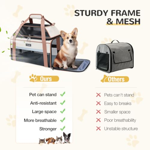 Lekereise Top-Expandable Pet Carrier 18x11x11Inch Delta American United Airline Approved Soft Sided Underseat to 15lbs Travel Carriers for Small Dogs Cats with Locking Safety Zippers Anti-Scratch Mesh - color: Khaki