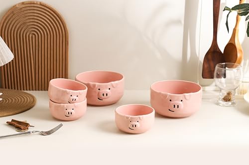 Pink Ceramic Pig Bowls, Set of 3, 13 oz | Small Size, Snacks, Dessert, Cereal and Rice - size: 13 oz