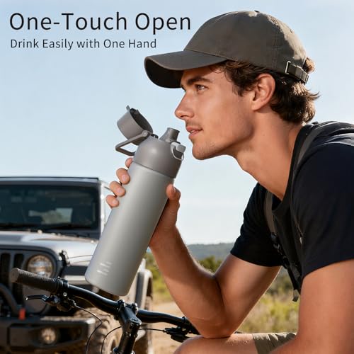 24oz 316L Stainless Steel Insulated Water Bottle | Smooth-flow oval spout, One-hand flip lid, Easy carry handle, Easy to clean, Sweat-proof exterior, Grey - color: Gray
