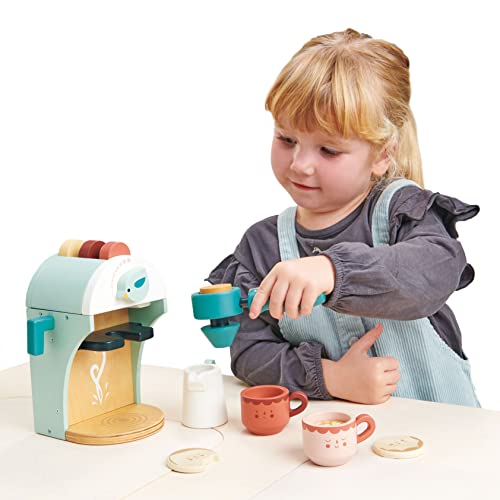 Tender Leaf Toys - Babyccino Maker Wooden Coffee Machine Pretend Food Play Toy with Espresso Capsules and Cups Made Premium Materials Craftsmanship Age 3+