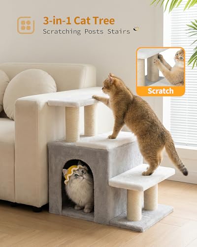 Aechonow 3-in-1 Cat Stairs for High Bed Couch, Multifunctional | Dog Steps for Small Doggie Pet Rabbits,19'' Tall, Beige, Medium - size: M-Beige