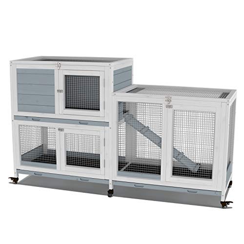 GDLF 58" Rabbit Hutch, Bunny Cage Indoor with Wheels & Cleaning Tray | 58"L x 17.8"W x 34.6"H, 2-Level Design with Wheels, Ramp & No-Leak Cleaning Tray for Rabbits, Guinea Pigs and Small Animals