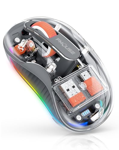 FMOUSE Transparent Wireless Mouse, Tri-Mode Bluetooth & 2.4GHz, Grey | USB-A & USB-C Receiver | Rechargeable | 3 Devices for MacBook Laptop iPad PC | Silent Clicks | Portable | RGB | 4-Level DPI - color: Grey