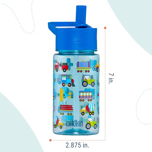 Wildkin 16 oz Tritan Water Bottle with Straw Lid, Trains, Planes & Trucks | Lightweight Tritan, dishwasher safe, straw lid helps prevent leaks when closed, easy for little hands, ages 3+ - color: Trains, Planes & Trucks, size: 16 Ounces