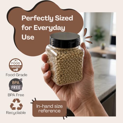 Pride Of India Clear Food Grade PET Plastic Square Grip Storage Jar w/Cap | 16 Fluid Ounces (1-2 Cup Storage Capacity) | BPA Free USA Made - size: Small Grip Jar & Cap