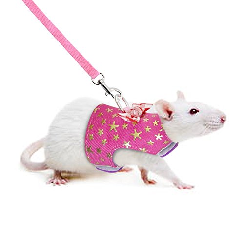 CheeseandU Small Pet Outdoor Walking Harness Vest and Leash Set with Cute Bowknot Decor Chest Strap Harness for Rat Ferret, Squirrel Hamster Clothes Accessory, Pink Star