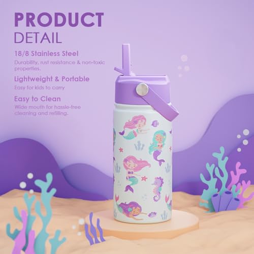 SANDJEST Mermaid Kids Water Bottle With Straw Lid 12oz Insulated Stainless Steel, Travel Tumbler, Gifts For Girls, Birthday, Christmas, Back To School - color: Mermaid 2