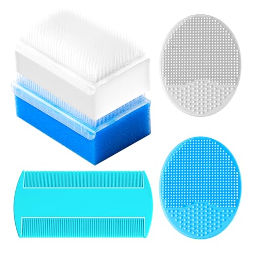 Cradle Cap Brush for Babies, Baby Bath Essentials with Silicone Scrubber Bath Sponge Dual-Sided Comb for Newborns Toddlers Boys Girls (Blue,Set of 5) - color: Blue Brush+ Comb