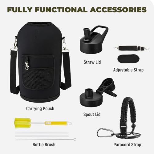 COKTIK 84oz Insulated Water Bottle - Stainless Steel Vacuum Metal, Portable ½ Gallon Large-Capacity Sports Bottle with Straw, Carry Bag and Handle Strap, Ideal for Gym & Hiking（Black) - color: Black, size: 84 Ounces