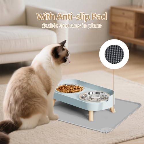 Elevated Cat Bowl with Food Mat, Raised Cat Food and Water Bowl Set for Indoor Cats, Splash Proof with 2 Stainless Steel Pet Food Bowls for Cats and Puppies,Whisker Fatigue and Dishwasher Safe (Blue) - color: Cat Bowls with mat - blue