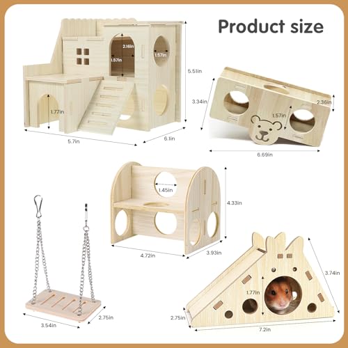 Hamster Toys 5-Piece Set ，Hamster House, Swing, Climbing Ladder, Seesaw & Exercise Wheel，Pet DIY Sport Exercise Toys Set, Small Animal Habitat Accessories ，Gerbils, Mice（Natural Wood） - color: BrownE