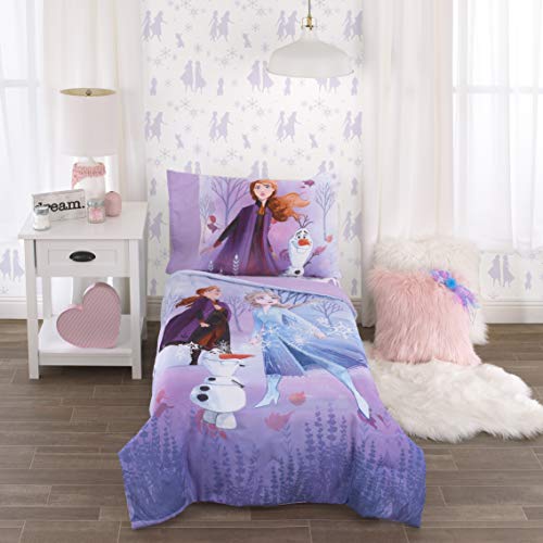 Disney Frozen 2 Lavender, Light Blue and Purple Forest Spirit 4 Piece Toddler Bed Set - Comforter, Fitted Bottom Sheet, Flat Top Sheet, Reversible Pillowcase - color: Disney Frozen 2