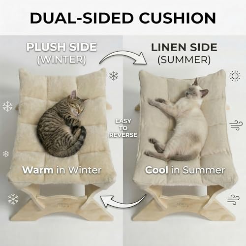 JSPYFITS Elevated Cat Bed Hammock, Raised Cat Bed with Dual-Sided Plush & Linen Cushion, Machine Washable & Breathable Cover Tool Free Easy Assembly, up to 66Lbs (Beige) - color: Chic Beige