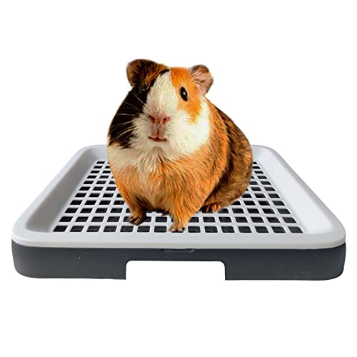 Guinea Pig Litter Box, Small Animal Cage Potty Tray, Detachable Grid Pan | Black-and-white PP litter tray with detachable grid, low entry and side grips for guinea pigs and other small pets