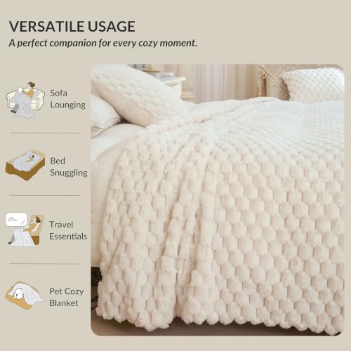 XeGe Luxury Bubble Fluffy Faux Rabbit Fur Bed Blanket Queen Size, Beige | 90"x90", Double-Sided, Hypoallergenic, No-Shed, Machine Washable, Buttery Soft Fuzzy Blanket for Kids Teens Girls Women Mom - color: Beige, size: Queen (90" X 90")