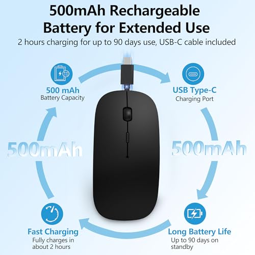 Slim Bluetooth Wireless Mouse with Jiggler - Black | Rechargeable Portable Mouse, BT5.2 & 2.4G, USB-C/USB-A Receiver, Adjustable DPI for MacBook, iPad, Laptop & PC - color: Black