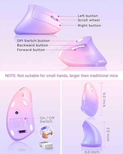 Lekvey Ergonomic Mouse, Vertical Wireless Mouse, Rechargeable, Pink Purple | Long Battery Life, USB-C Charging, Quiet Click, Carpal Tunnel Support, 2.4G Wireless, 3DPI 800/1200/1600, for Laptop, Mac, PC - color: Pink to Purple