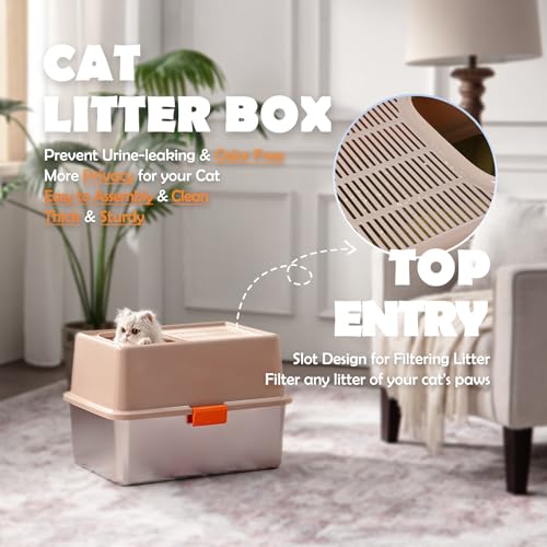 MEEXPAWS Stainless Steel Cat Litter Box Top Entry XL Large with Lid, 8'' High Side Metal Cat Litter Box for Big Cats, Top Cover with Slot, Non-Stick, Easy Clean, Include Litter Scoop - color: Blue