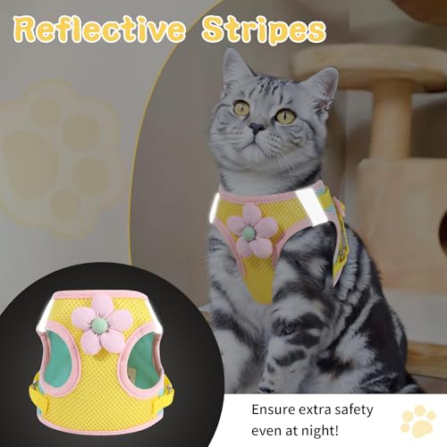 Cat Harness and Leash Set, Escape Proof Soft Vest Walk Yellow XS | Adjustable, Easy Wear, Breathable Comfy Mesh, Reflective Strips, Sturdy Clip Buckle Flower Harness for Cats Kitty Puppy Bunny - color: Lemon yellow, size: Extra Small