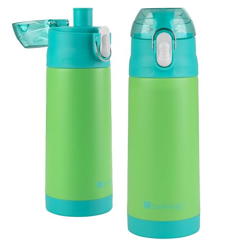 Bentology Stainless Steel 13 Oz Reusable Water Bottle for Kids, Green | Double Wall Insulated, Spill Proof Lid W/Built-in Straw- Keep Liquids Hot or Cold- Easily Fits in Lunch Boxes & Bags - color: Green