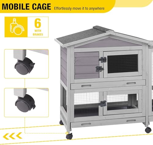 Aivituvin Rabbit Hutch Indoor 2 Story Bunny Cage Outdoor Guinea Pig Cage with Caster Wheels Chicken Coop with Run, 3 Pull Out Tray Grey - color: Grey