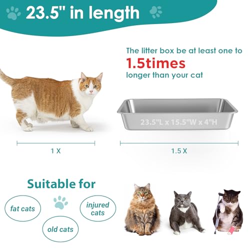 Stainless Steel Cat Litter Box, Large Metal Litter Box, 23.5" Lx15.5 Wx4 H | Never Absorbs Odors,Stain Free, Rustproof, Non Stick Smooth Surface, Anti-Slip Rubber Bottom - color: 4" H, size: 23.5"L x 15.5"W