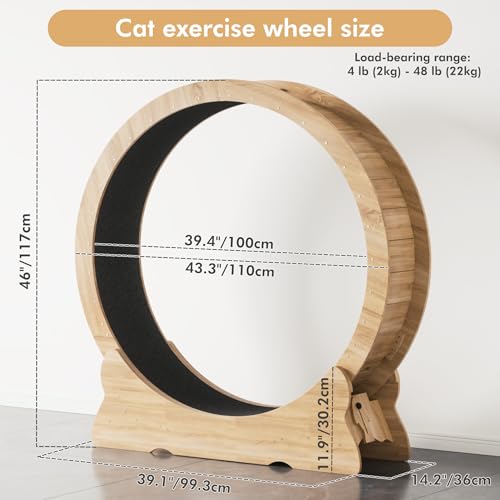 Mondeer 46'' Cat Wheel with Carpet Track and Teaser, Natural Wood | Cat Exercise Wheel, 46'' XL Treadmill with Carpeted Runway, Removable Carpet and Teaser, for Indoor Cats Running and Walking. - color: Natural Wood, size: 43.3