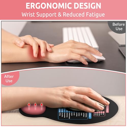 KONVINIT Ergonomic Mouse Pad with Wrist Rest, Small Excel Cheat Sheet Desk Pad with Windows & Office & Excel Shortcuts, Non-Slip Rubber Base Mouse Pads for Desk with Smooth Surface, Black Pink - color: Shortcut-Pink