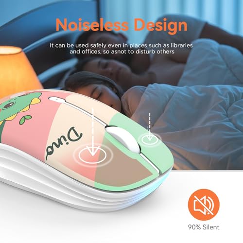 FMOUSE Cute Cartoon Silent Wireless Mouse, Dual Mode Bluetooth & USB 2.4G | Cute Dino Pattern, Ideal for Kids Students Teen Girls | AA Battery Powered | Compatible with Laptop Mac iPad Tablet PC - color: Cute Dino