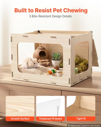 VEVOR Wooden Hamster Cage 23.8"x15.9"x15.9" 270° Viewing Hamster Habitat, Chewproof Small Animal Cage with Openable Top, Large Pet House Wood Enclosure for Syrian/Dwarf Hamsters, Guinea Pigs, Gerbils - size: 23.8"L x 15.9"W x 15.9"H