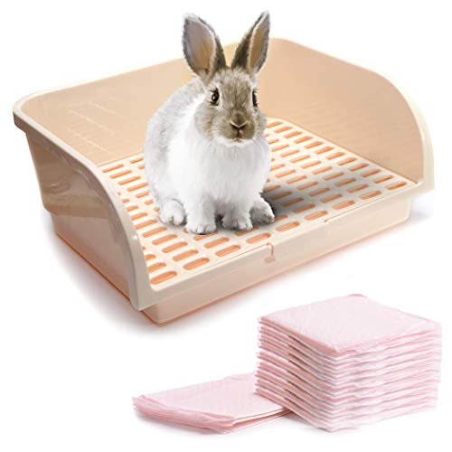 CalPalmy X-Large Rabbit Litter Box with 10PCS Bonus Pads, Drawer, Corner Toilet Box 17.3" x 13" and Bigger Pet Pan for Adult Guinea Pigs, Chinchilla, Ferret, Galesaur, Small Animals - color: Cream (Steady Bottom), size: X-Large (10pcs Pee Pads)
