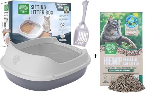 Small Pet Select- Sifting Cat Litter Box and 8lb Hemp Pellets Combo, with 5 Free Pee Pads and Free Litter Scoop, Premium System for Cats, Tidy and Easy to Clean - size: Sifting Litter Box and 8LB Hemp Pelleted Litter