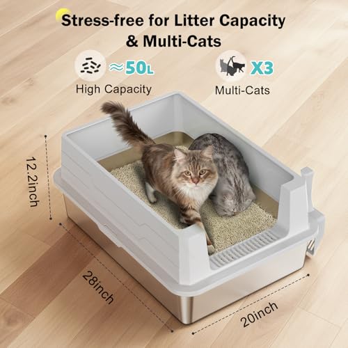 Stainless Steel Litter Box Extra Large for Big Cats Multi-Cats, Jumbo Extra Large Metal Cat Litter Box with High Sided Lid, Anti-Urine Leakage, Non-Stick,Include Litter Scoop - color: Silver Grey, size: XXXL