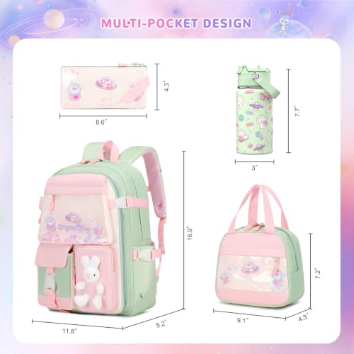 FIXITOK Girls Backpack with 14oz Insulated Water Bottle Set, Kawaii Bunny School Backpack for Girls with Kids Water Bottle Lunch Bag Pencil Case for Kindergarten Elementary Preschool School - color: W-green