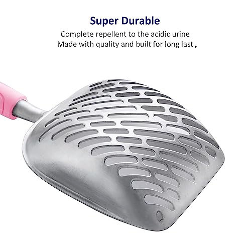 Cat Litter Scoop, Aluminum Alloy Sifter, Kitty Metal Scooper, Deep Shovel with Diagonal Sifting Hole, Long Handle, Kitten Poop Lifter for Litter Box, Large Size, Pink Handle - color: #10 Pink, size: Large
